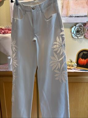 Diotima White Stulla Wide-Leg Jeans with Botanical Crochet Insets
